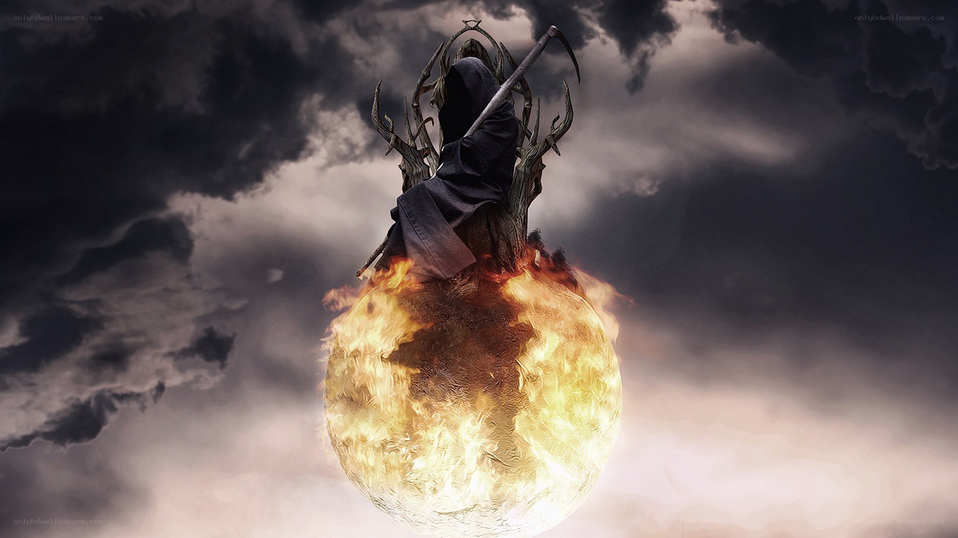 grim reaper on burning sphere