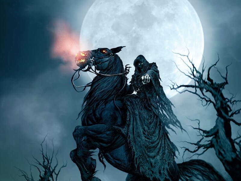 Grim Reaper on Horse — Black, Dark, Night, Digital Art, Moon, Tree