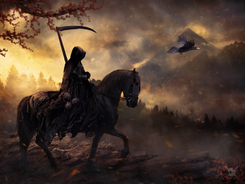 Grim Reaper on Horse — Black, Dramatic, Sunset
