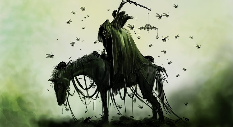 Grim Reaper on Horse — Green, Dark, Digital Art, Flies