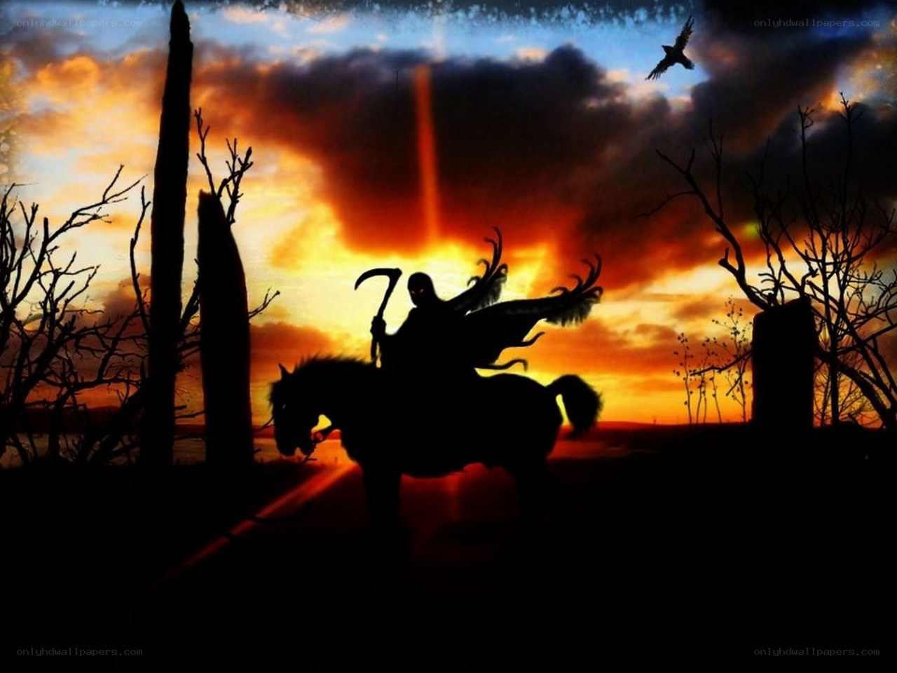 grim reaper on horseback at sunset