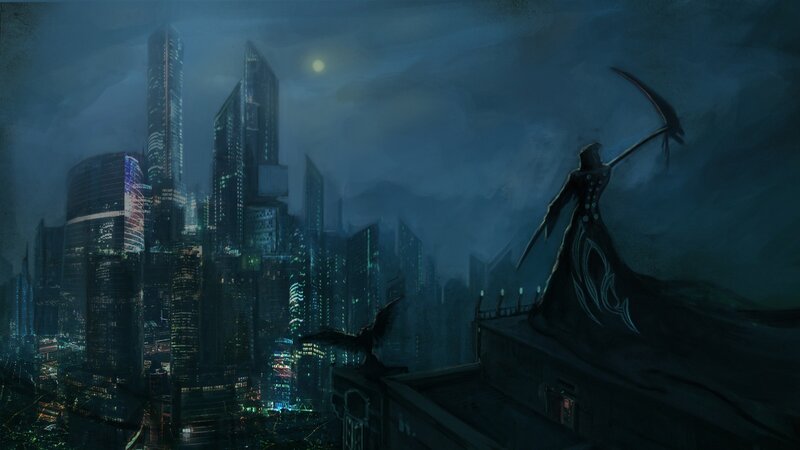 Grim Reaper on Rooftop — Blue, Dark, Ominous