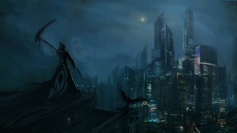 Grim Reaper on Rooftop — Blue, Dark