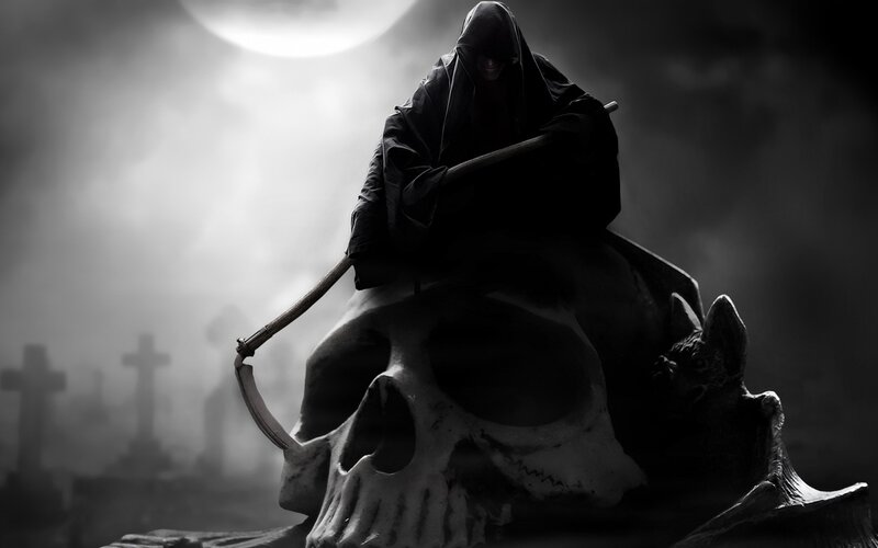 Grim Reaper on Skull — Black, Dark, Night, Digital Art