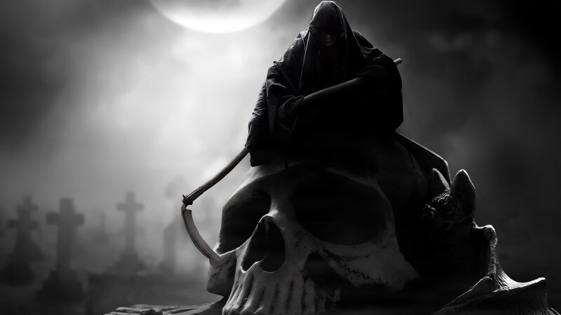 Grim Reaper on Skull — Black, Dark, Night