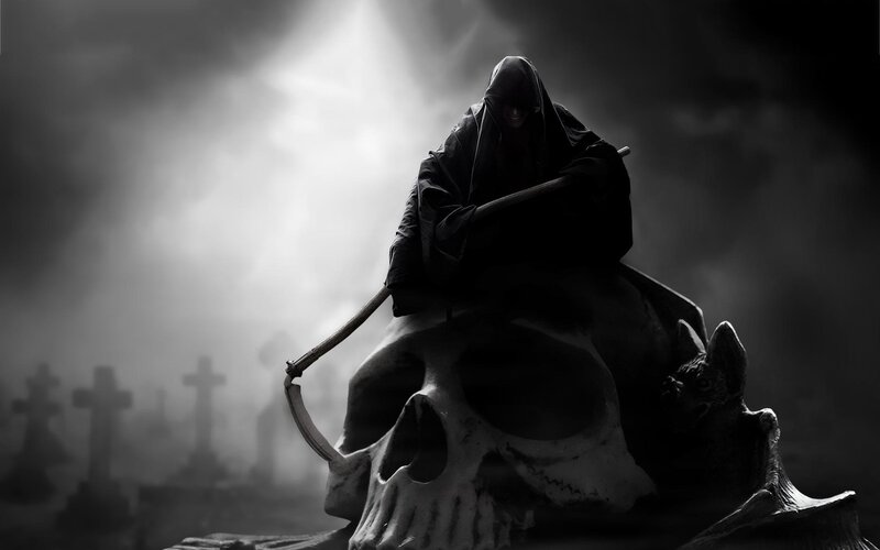 Grim Reaper on Skull — Black, Dramatic