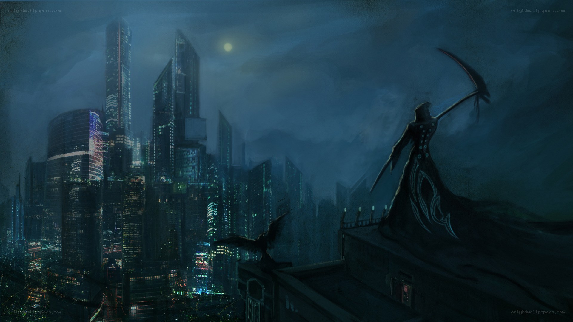 Grim Reaper over a city