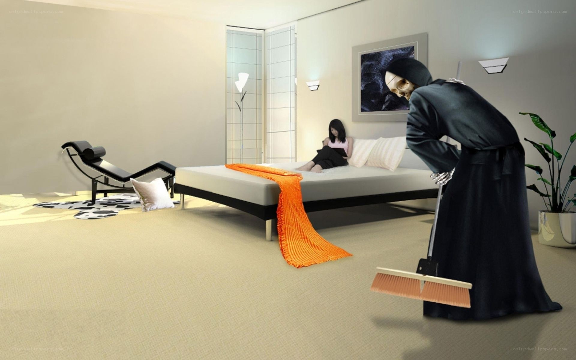 Grim reaper sweeping a bedroom