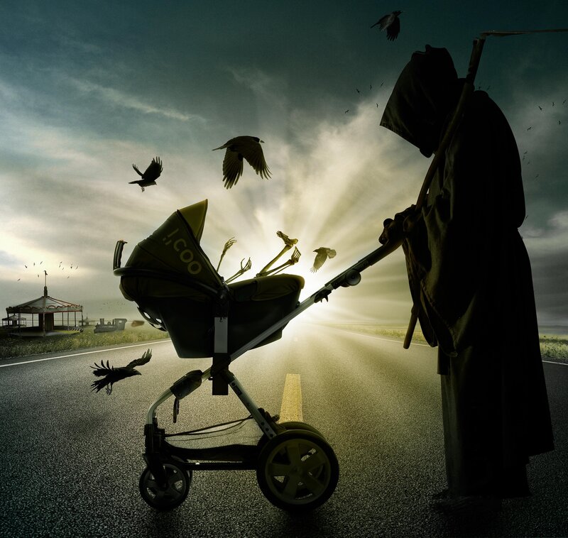 Grim Reaper with baby stroller