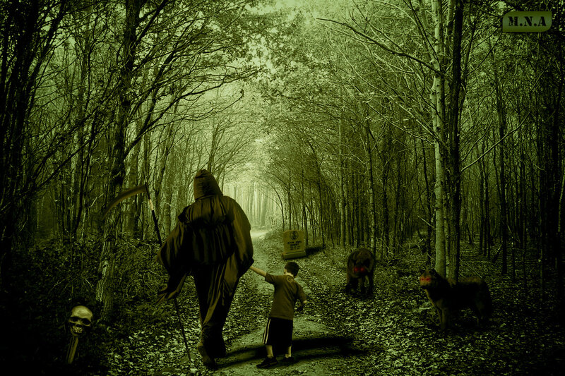 Grim reaper with child in forest