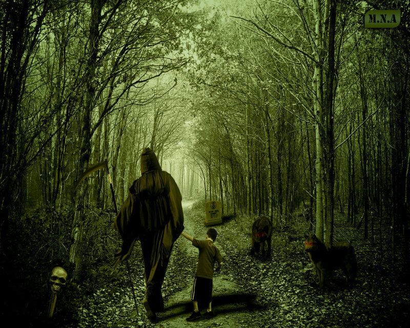 Grim Reaper with child in forest
