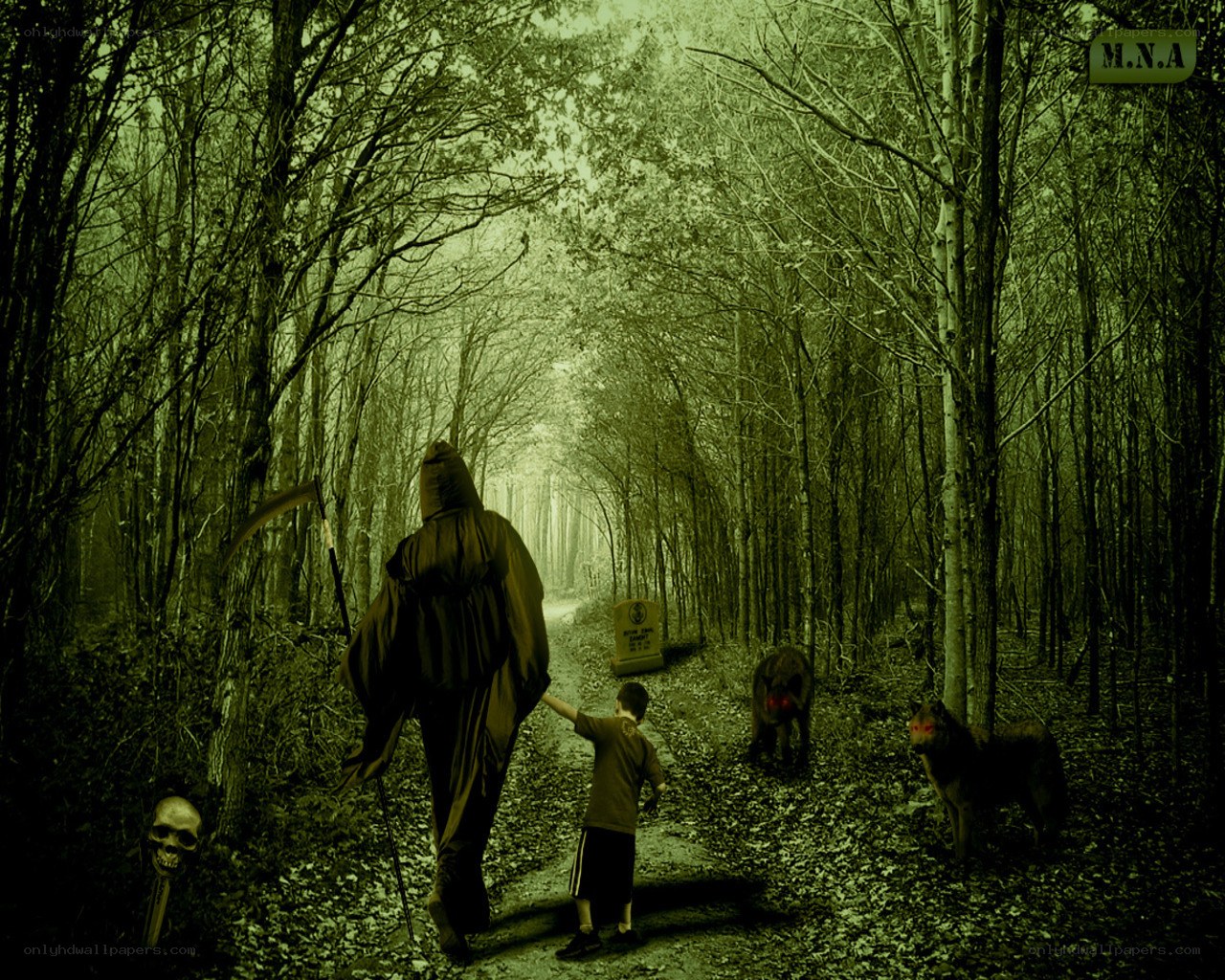 Grim Reaper with child in forest