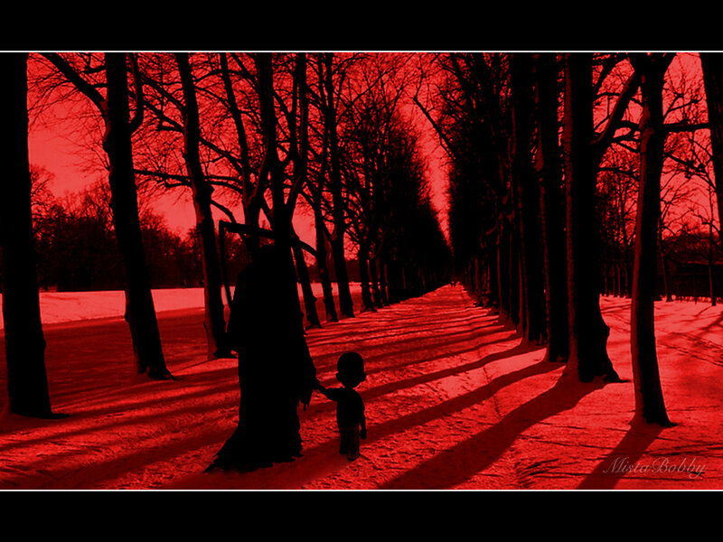 Grim Reaper with child in red forest