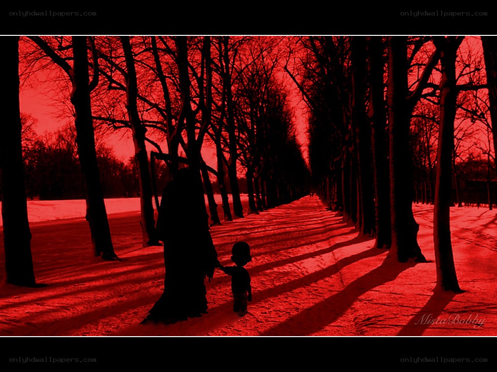 Grim Reaper with child in red forest