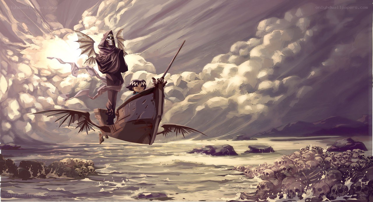 Grim reaper with child on boat