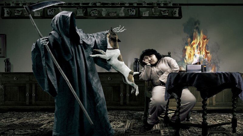 Grim Reaper with dog and sleeping man