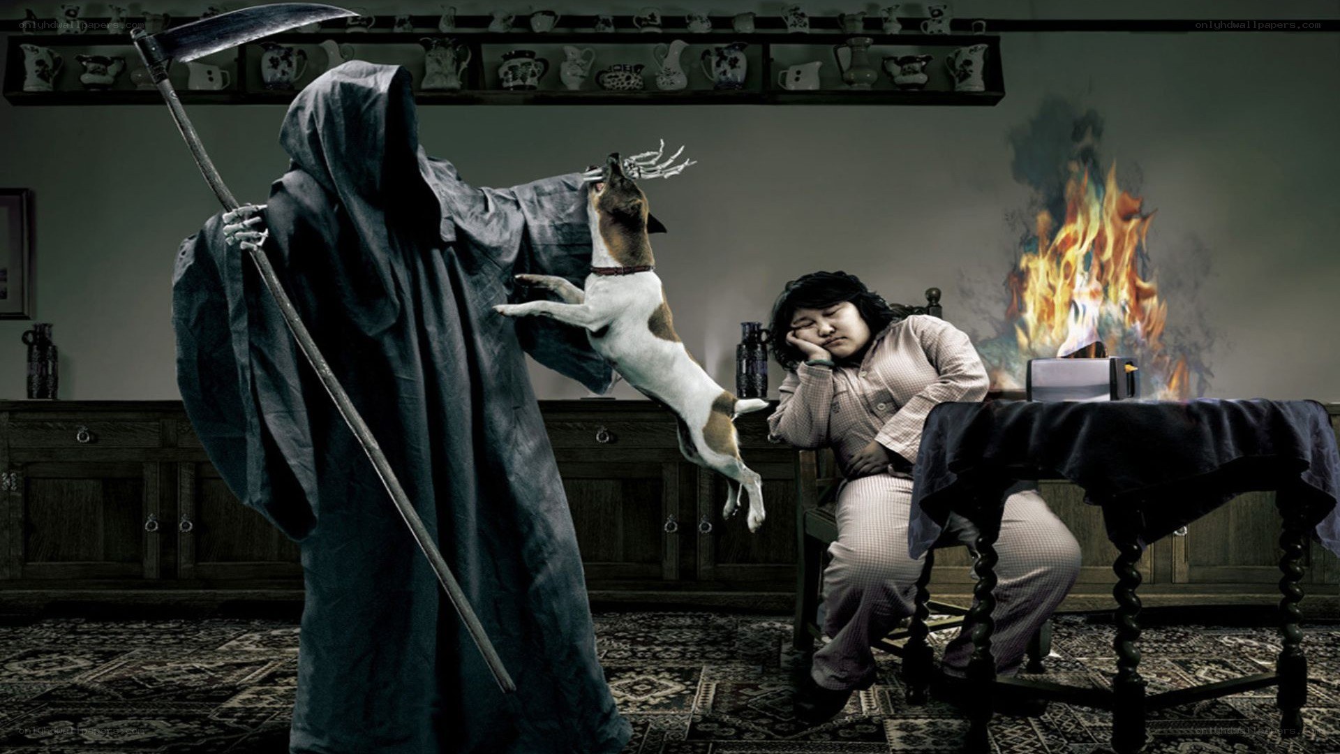 Grim Reaper with dog and sleeping man