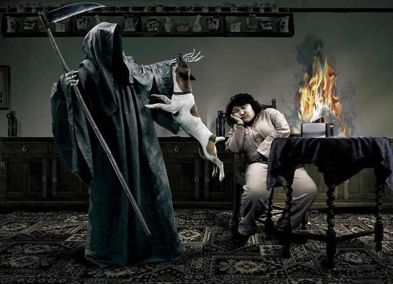 Grim Reaper with dog and sleeping person