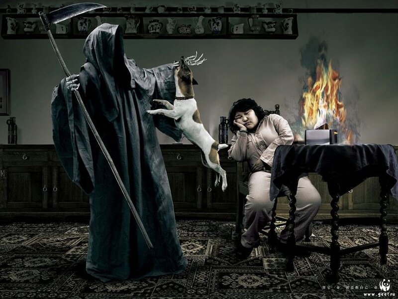 Grim Reaper with dog and sleeping woman