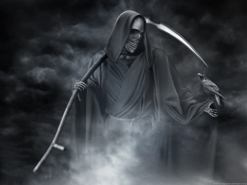 Grim Reaper with Scythe — Black, Dark, Night, Digital Art, Crow, Clouds