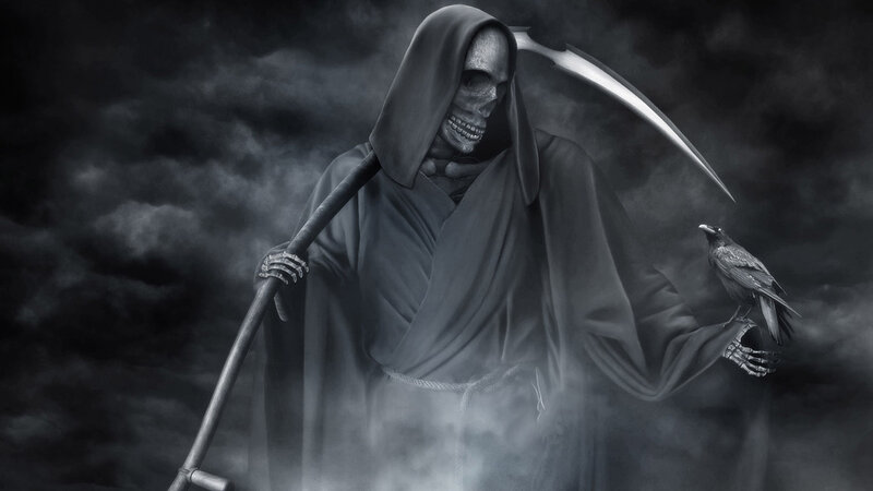 Grim Reaper with Scythe — Black, Dark, Night, Digital Art, Crow