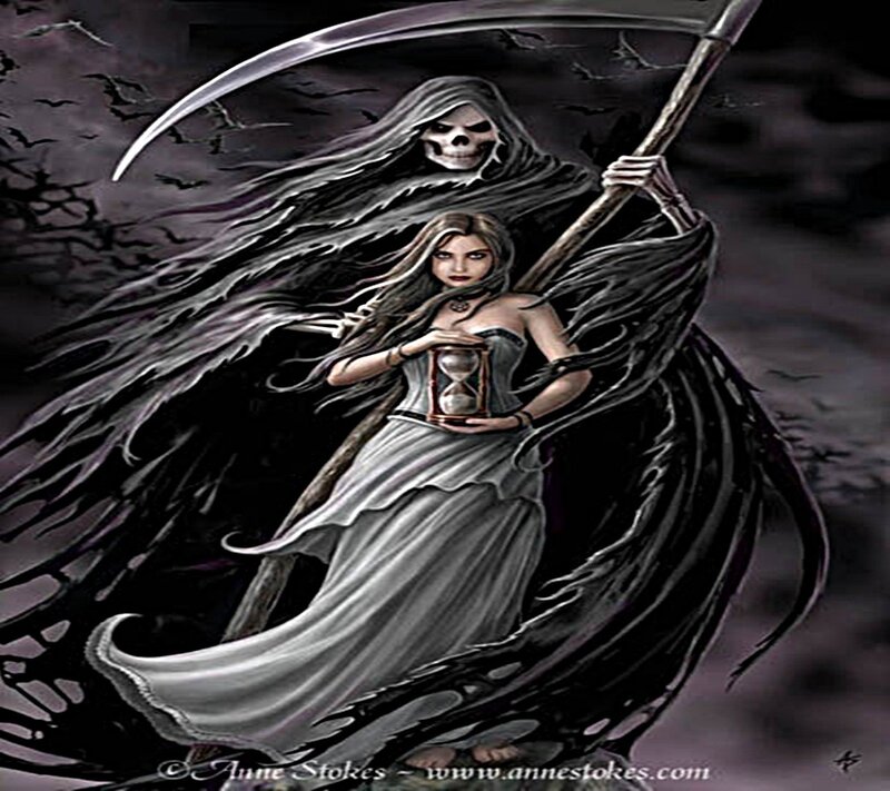 Grim Reaper with woman holding hourglass