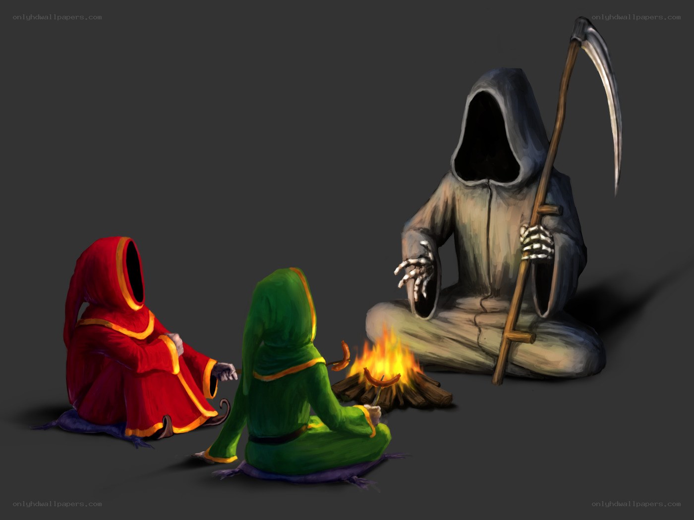 Grim reapers around a campfire