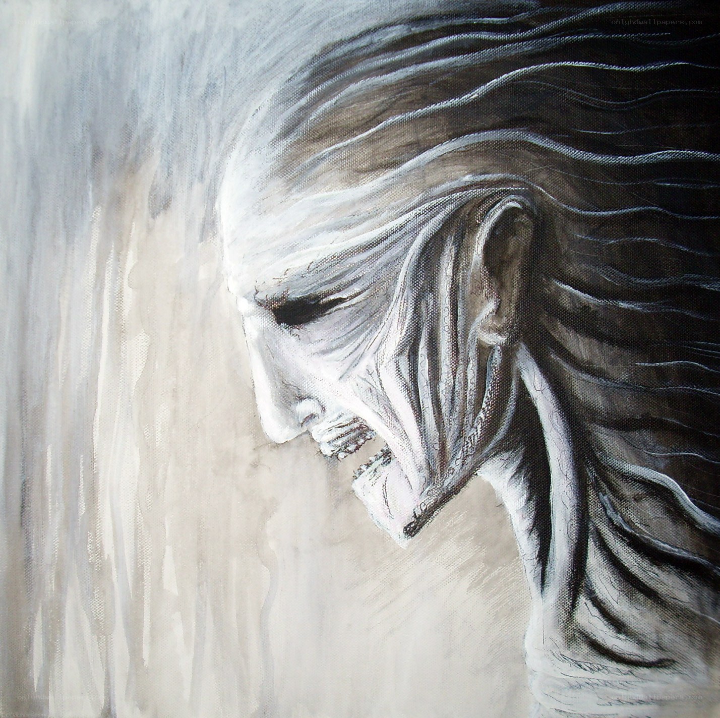 Grimacing figure in monochrome