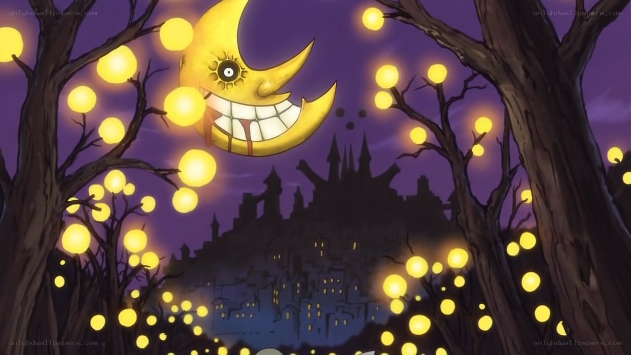 Grinning moon over a spooky town