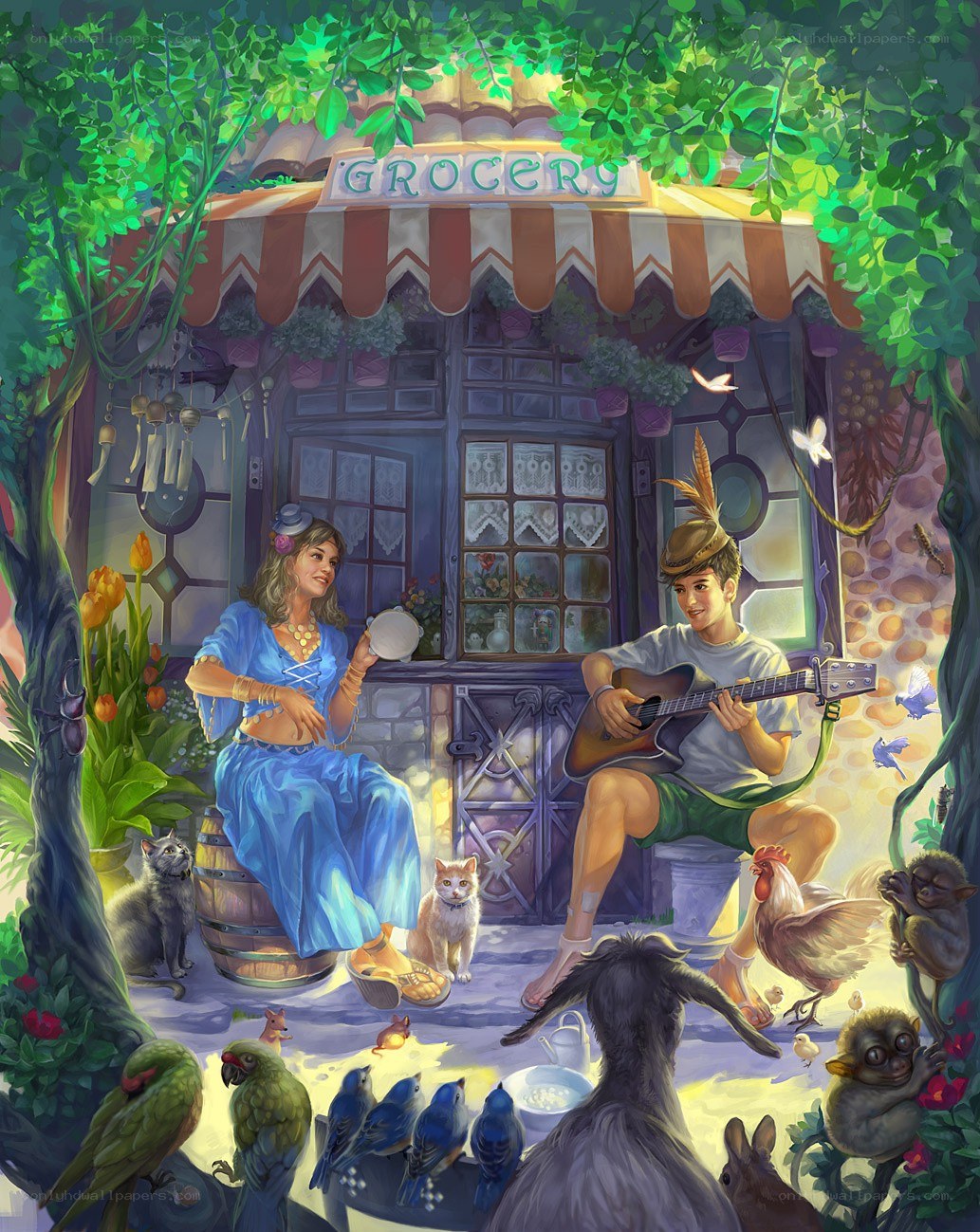 Grocery shop with musicians