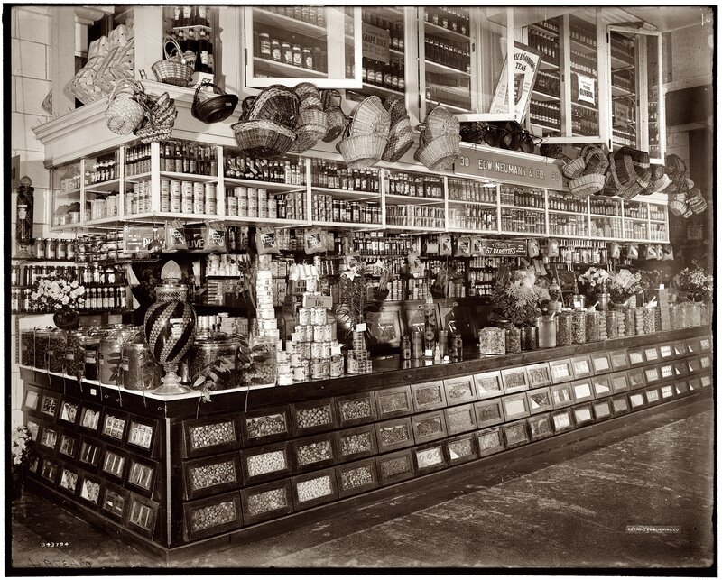 Grocery store interior, early 20th century
