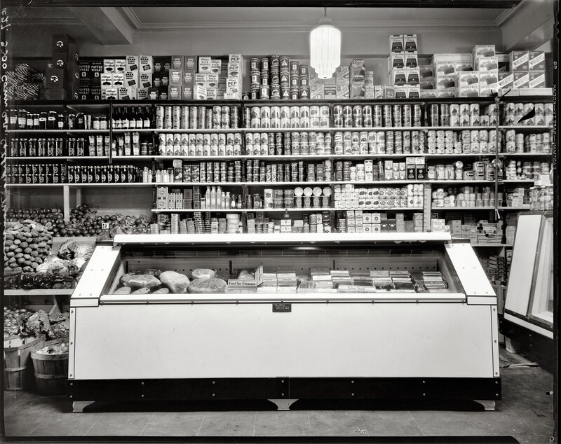 Grocery store interior with refrigerated case