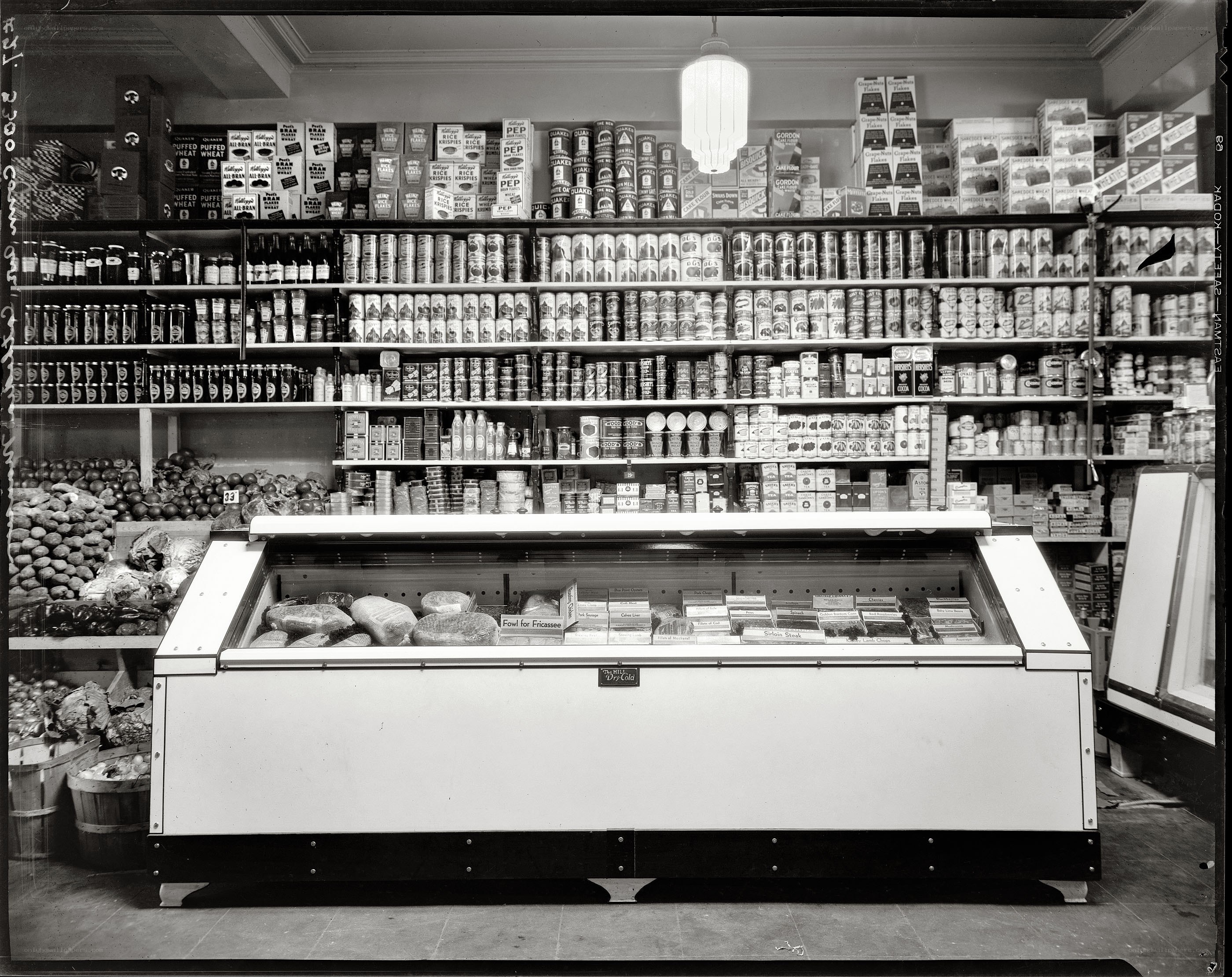 Grocery store interior with refrigerated case