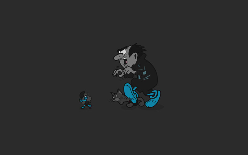 Grouchy Smurf confronts Gargamel
