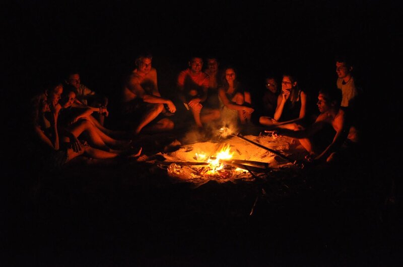 Group around a campfire at night