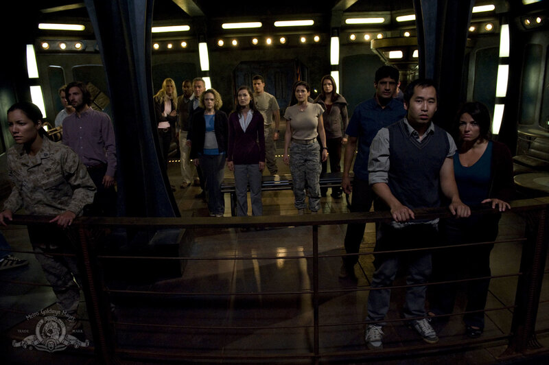 Group in a spaceship corridor