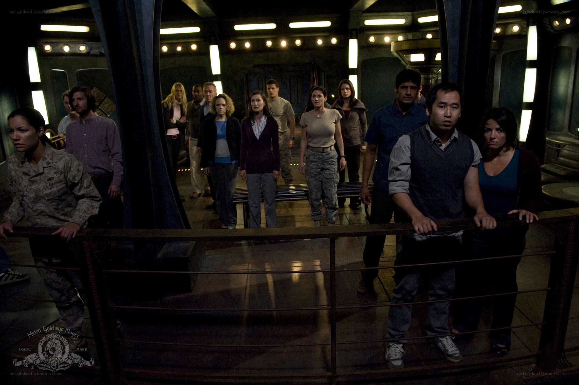 Group in a spaceship corridor