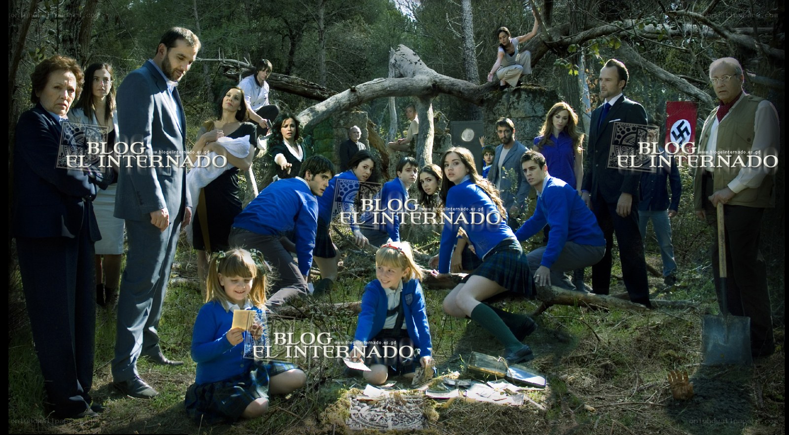 Group in forest with symbolic items