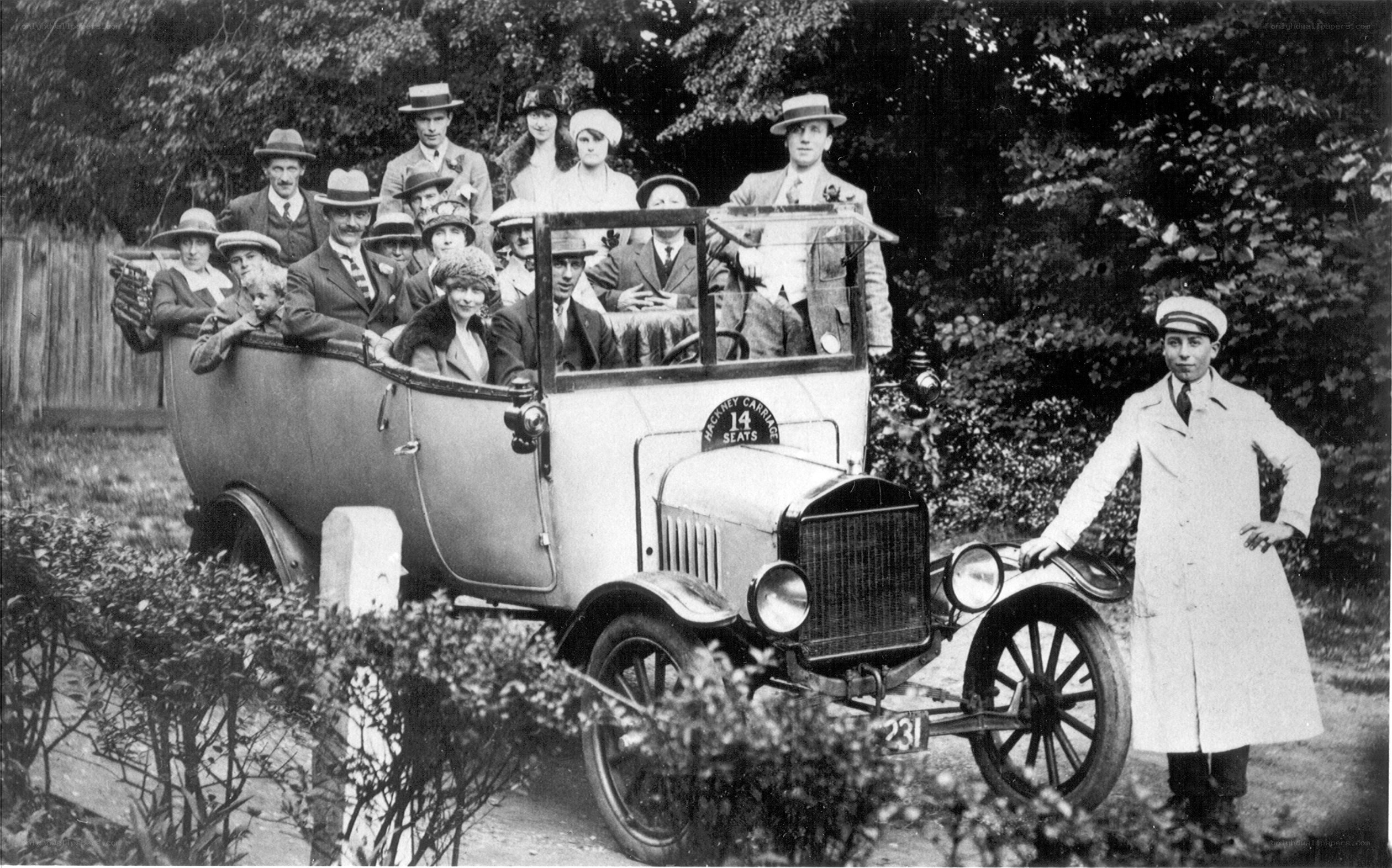 Group in vintage car