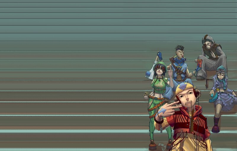 group of animated characters on stairs