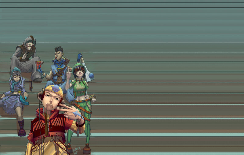 group of animated characters on stairs