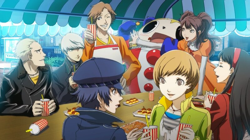 group of anime characters at a food stall