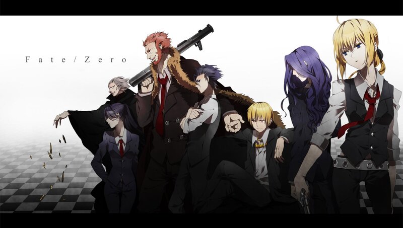 Group of Anime Characters — Black, Dramatic, Guns, Suits, Checkered Floor