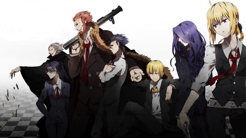 Group of Anime Characters — Black, Dramatic, Guns, Suits, Checkered Floor, White