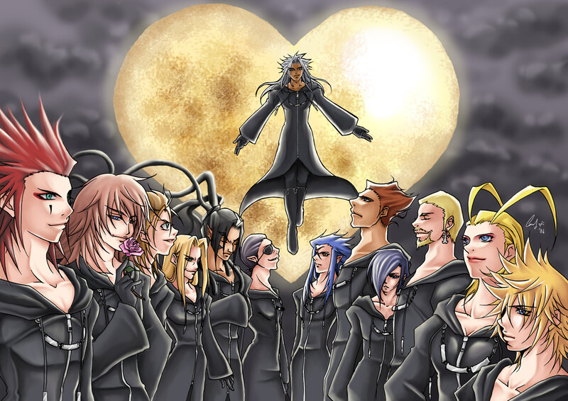 Group of Anime Characters — Black, Dramatic, Night, Digital Art, Heart-shaped Moon