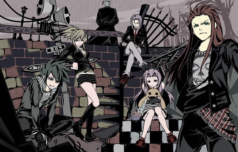 Group of Anime Characters — Black, Dramatic, Night, Manga, Brick Wall, Megaphones