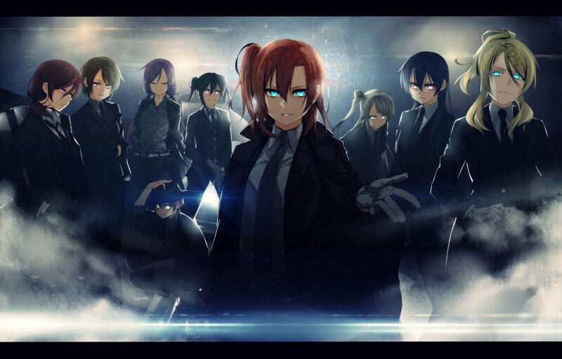 Group of Anime Characters — Black, Dramatic, Night, Suits, Smoke