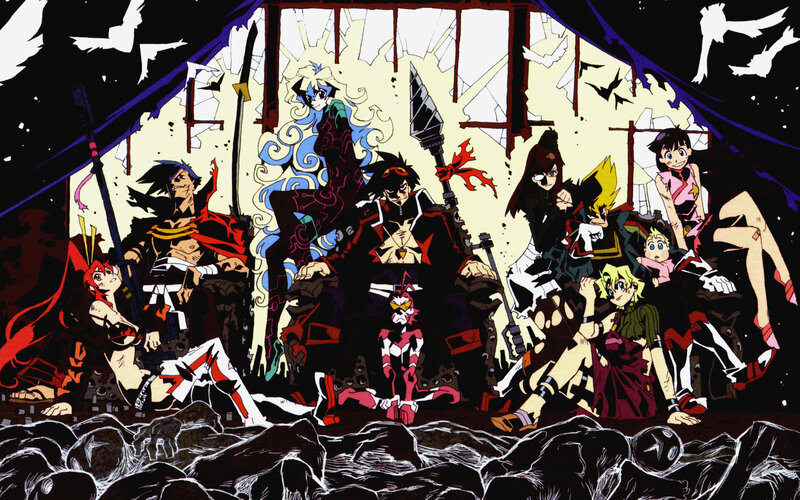 Group of Anime Characters — Black, Dramatic, Night, Swords, Mechs