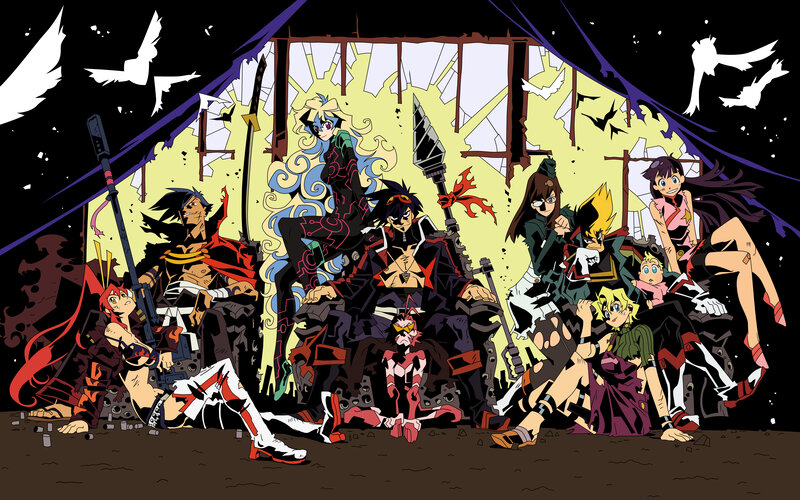 Group of Anime Characters — Black, Dramatic, Night, Weapons, Birds