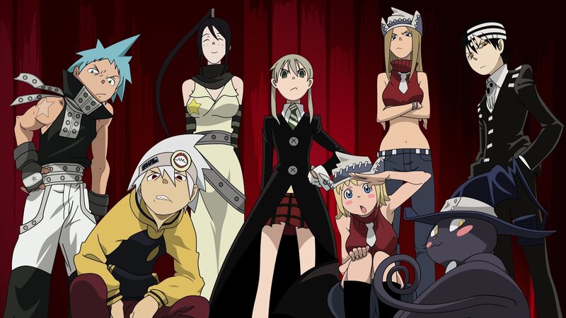 Group of Anime Characters — Black, Dramatic, Red Curtain